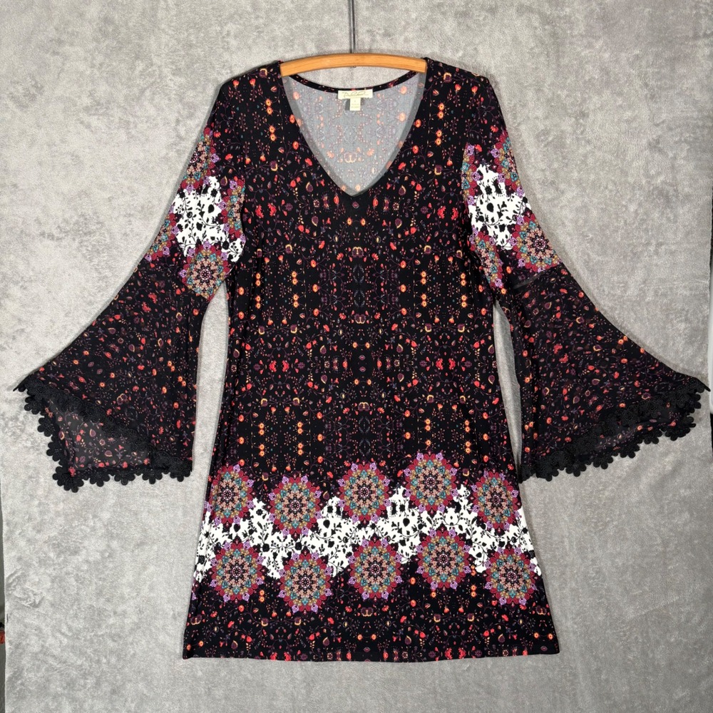 Prelude Womens Boho Bell Sleeve Mandala Floral V-Neck Tunic Dress Black Large